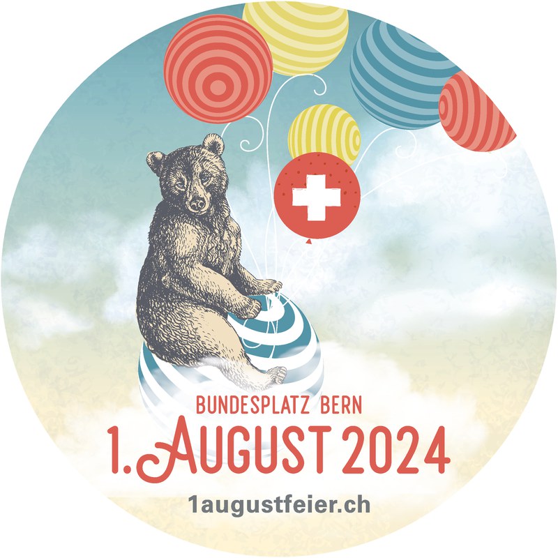 Flyer für die Bundesfeier 2024: Ein Bär sitzt auf einem Ball, umgeben von Laternen und einem Schweizerkreuz. Aufschrift: 1. August 2024, Bundesplatz Bern. 1augustfeier.ch