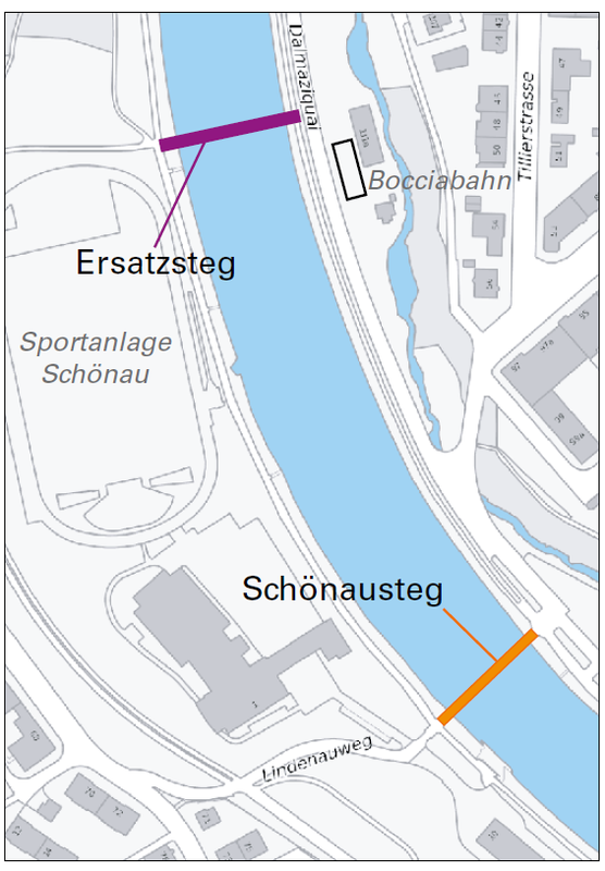 Lageplan Schönausteg und Ersatzsteg.