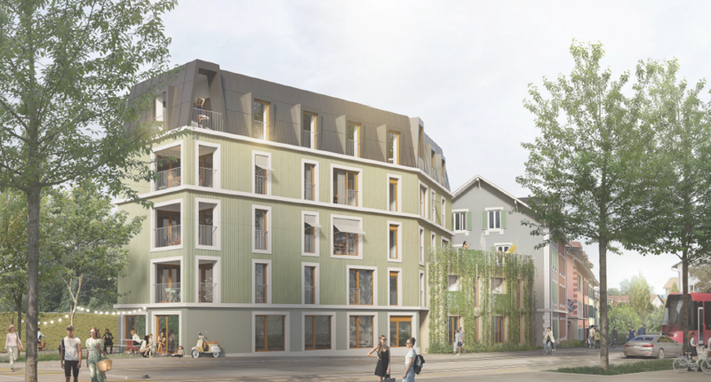 Das Bild zeigt eine Visualisierung des Neubaus. Mit seinem Mansardendach erinnert es an die typischen Häuser im Zentrum von Paris