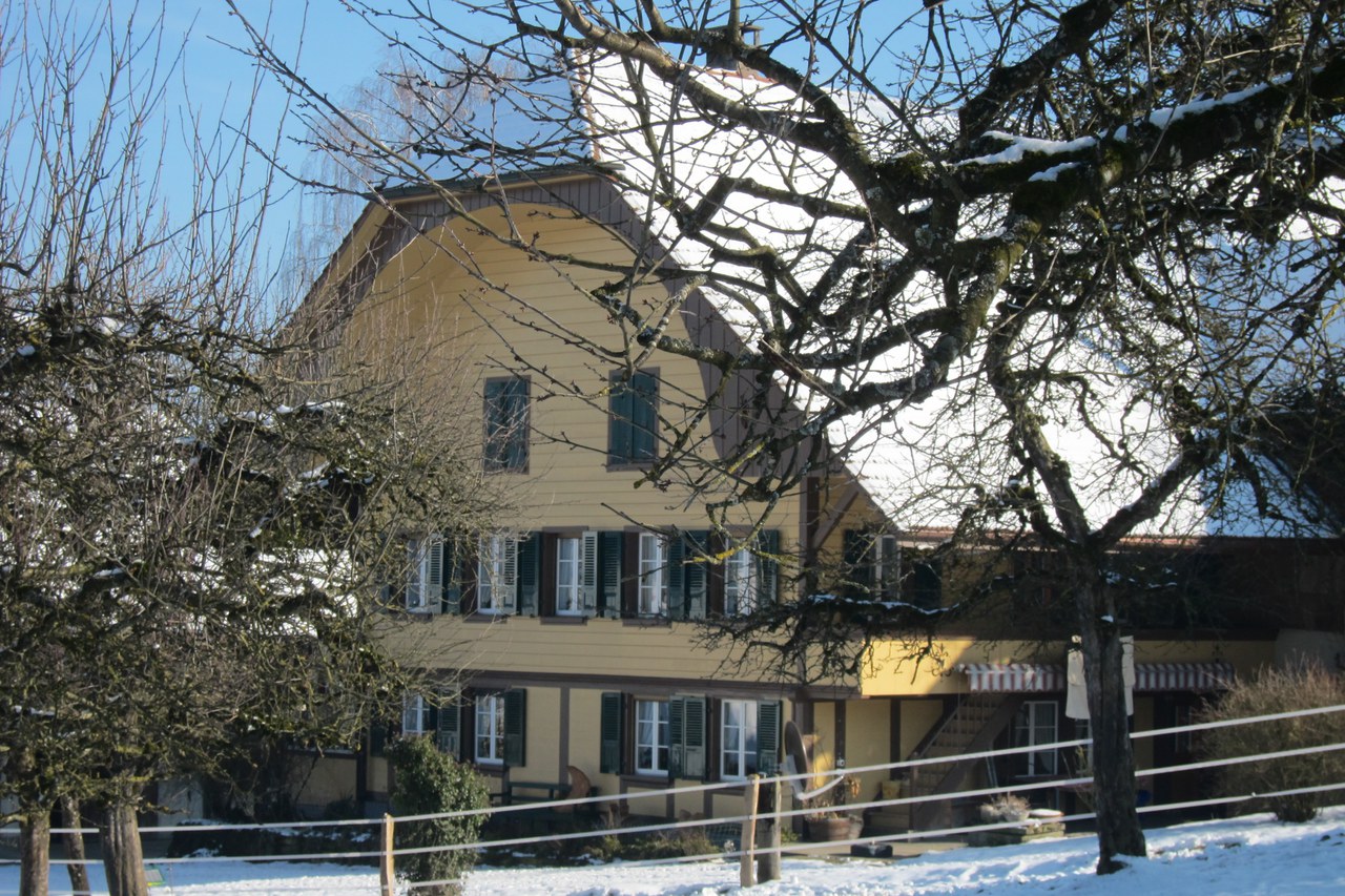 Das Foto zeigt den Biobetrieb König. Zu sehen ist ein stattliches Bauernhaus mit grossem Satteldach vor eine verschneiten Wiese