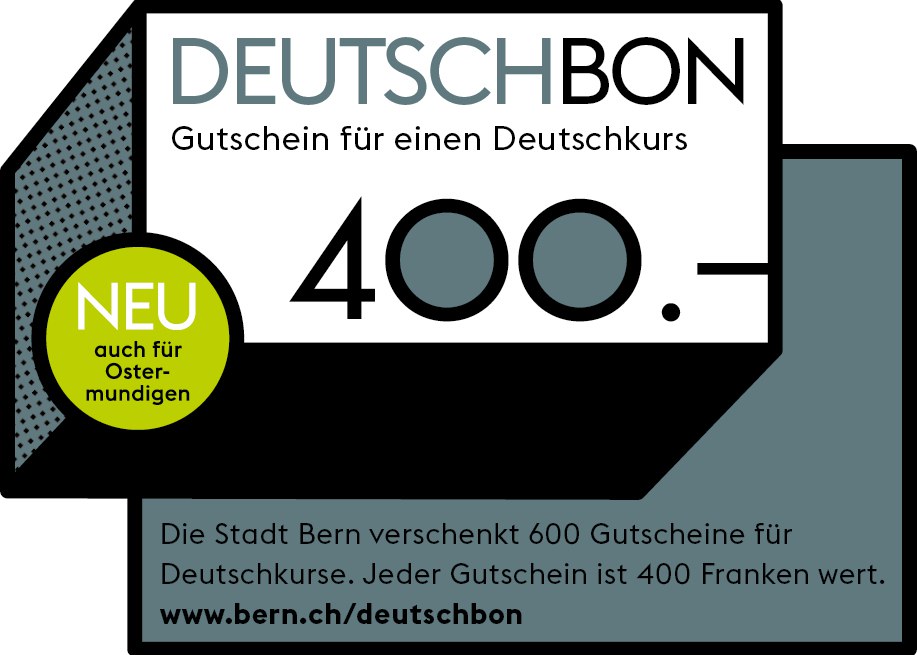 DeutschBon-Logo und Wiederholung Grundinformationen Verweis auf www.bern.ch/deutschbon