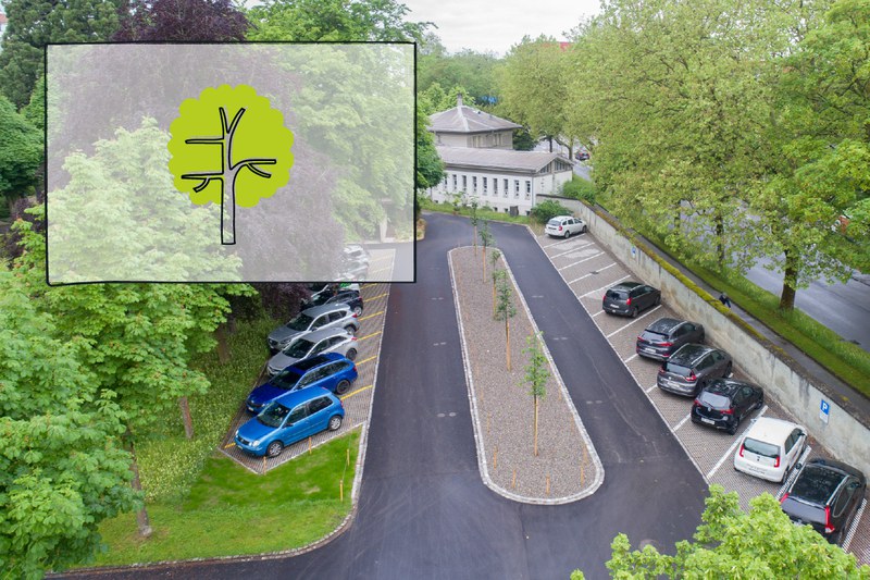 Ein Luftbild des neu erstellten Parkplatzes des Schosshaldenfriedhofs. In der Mitte des Bildes sind die fünf neu gepflanzten Bäume  zu sehen, rechts und links davon die parkierten Autos. Oben links im Bild ist das Icon des Handlungsfelds 6 - Anpassung an den Klimawandel - dargestellt.