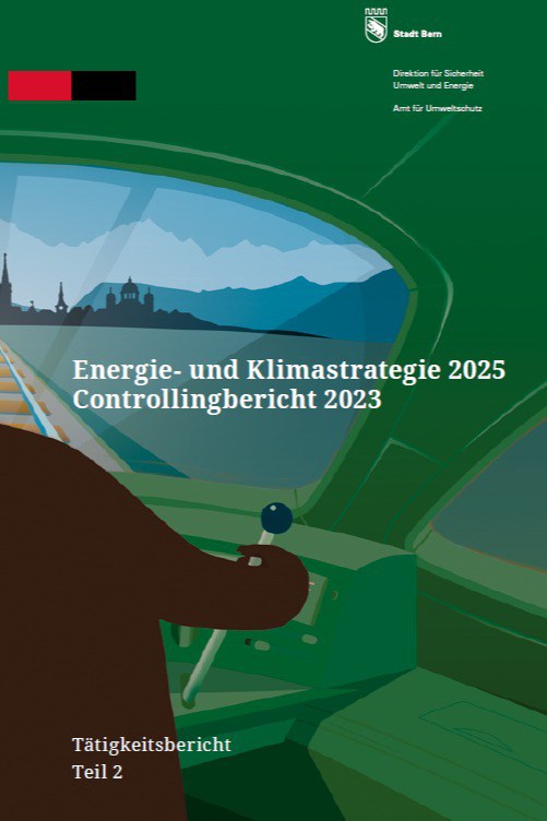 Das Bild zeigt die Titelseite des Controllingbericht 2023: einen gezeichneten Bären, der in einem Zugcockpit sitzt und auf die Stadt Bern zufährt.