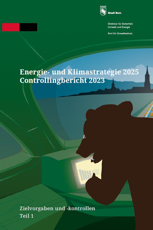 Das Bild zeigt die Titelseite des Controllingbericht 2023: einen gezeichneten Bären, der in einem Zugcockpit sitzt und auf die Stadt Bern zufährt.