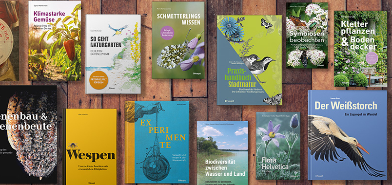 Diverse Buchcovers, u.a. der überarbeiteten Neuauflage des Berner Praxishandbuchs Biodiversität